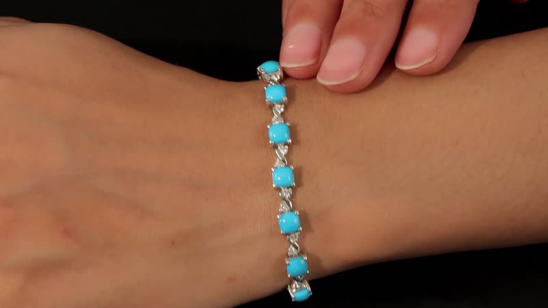 AMERICAN Natural Sleeping Beauty Turquoise and Natural White Zircon Link Bracelet in Platinum Over Sterling Silver (8.00 In) 12.60 Grams 11.10 ctw