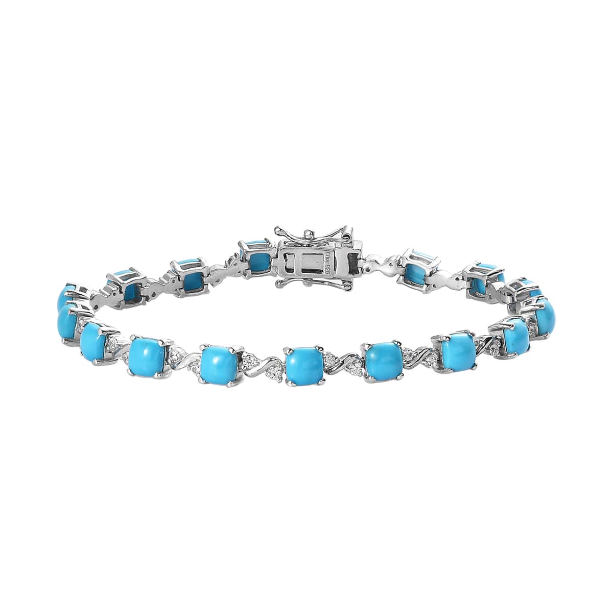 Sleeping Beauty Turquoise and White Zircon 9.50 ctw Link Bracelet in Platinum Over Sterling Silver (7.25 In) image number 0