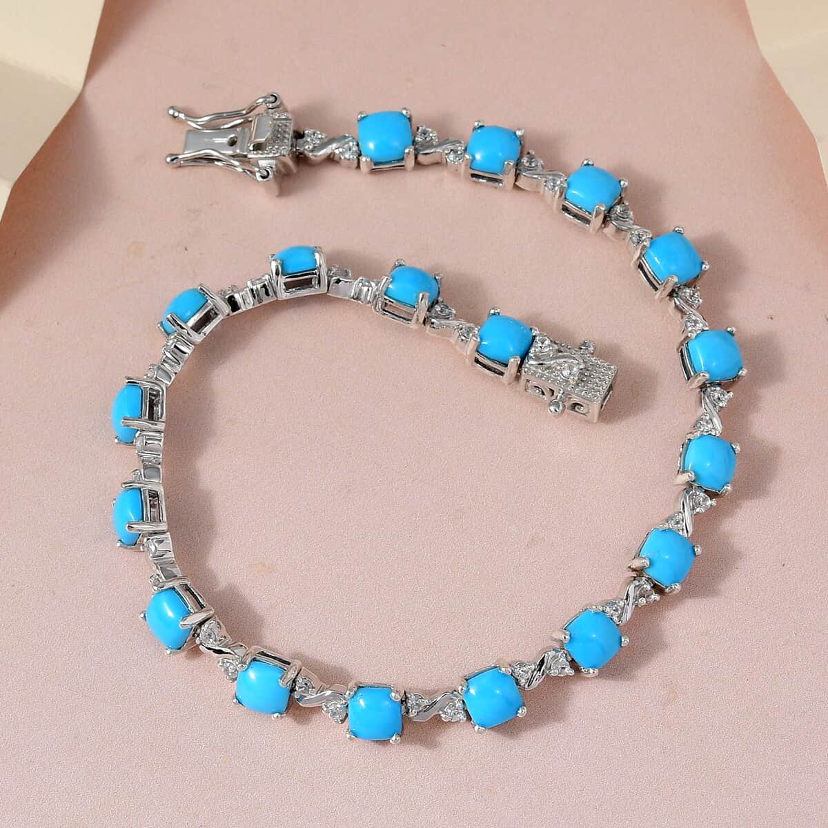 Sleeping Beauty Turquoise and White Zircon 9.50 ctw Link Bracelet in Platinum Over Sterling Silver (7.25 In) image number 1