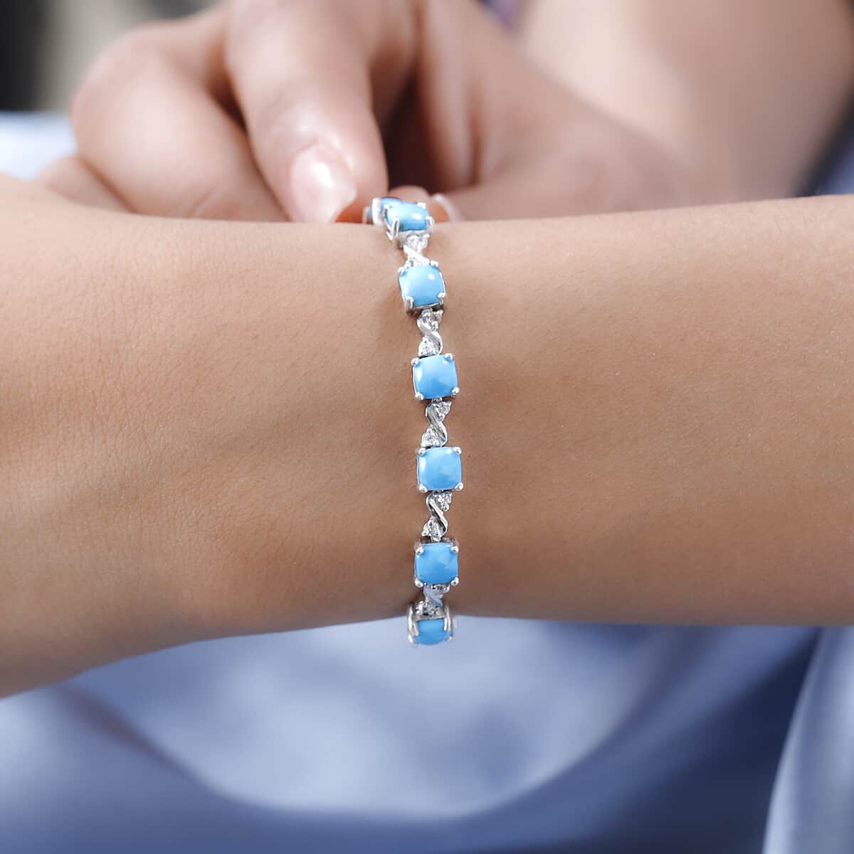 Sleeping Beauty Turquoise and White Zircon 9.50 ctw Link Bracelet in Platinum Over Sterling Silver (7.25 In) image number 2