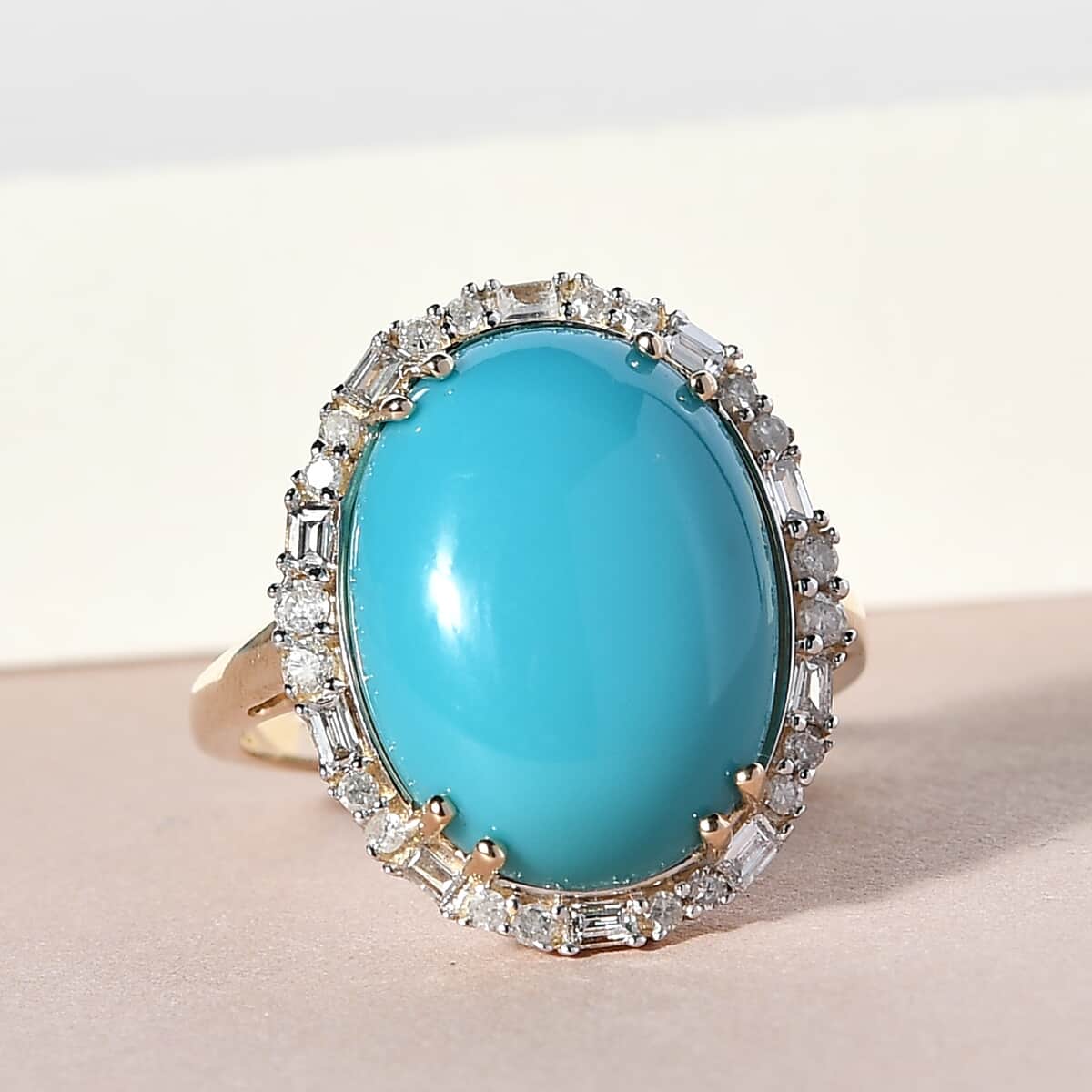 LUXORO 10K Yellow Gold Premium AMERICAN Natural Sleeping Beauty Turquoise and G-H I2-I3 Diamond Halo Ring (Size 10.0) 3.30 Grams 7.15 ctw image number 1