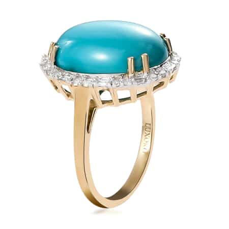 Luxoro 10K Yellow Gold Premium Sleeping Beauty Turquoise and G-H I2-I3 Diamond Halo Ring (Size 6.0) 7.15 ctw image number 3