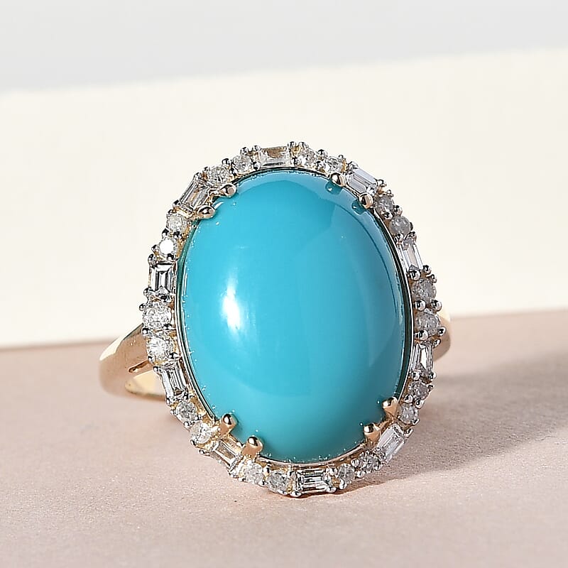 Luxoro Premium Sleeping Beauty Turquoise and G-H I2-I3 Diamond 7.60 ctw Halo Ring in 10K Yellow Gold (Size 8.0)