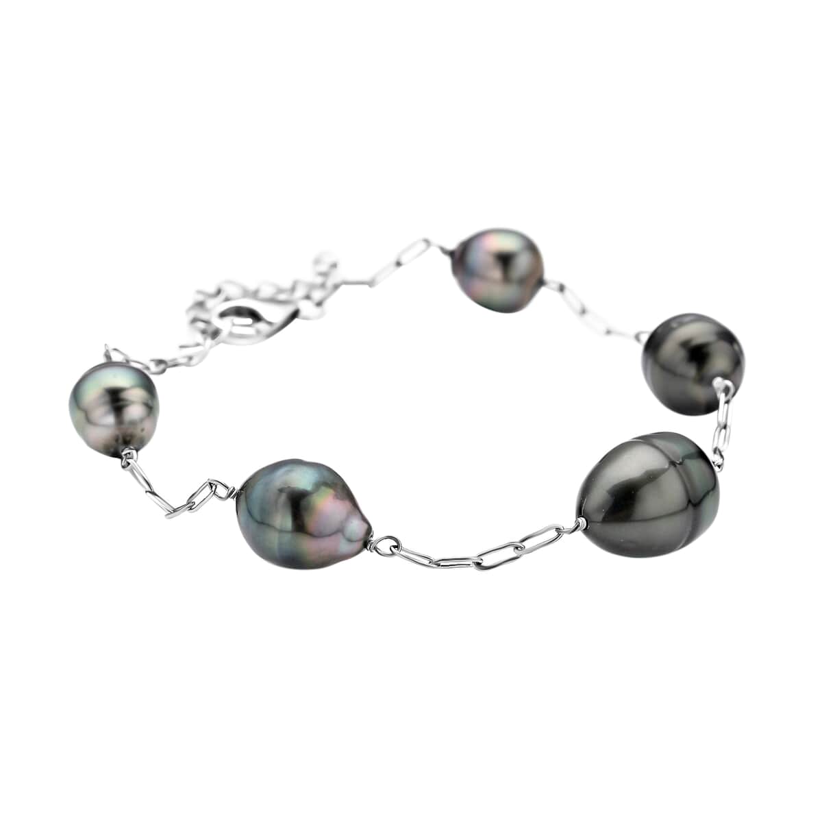 Tahitian Cultured Pearl Station Bracelet For Women, Rhodium Over Sterling Silver Bracelet, Pearl Jewelry 7-8.50 Inches image number 2