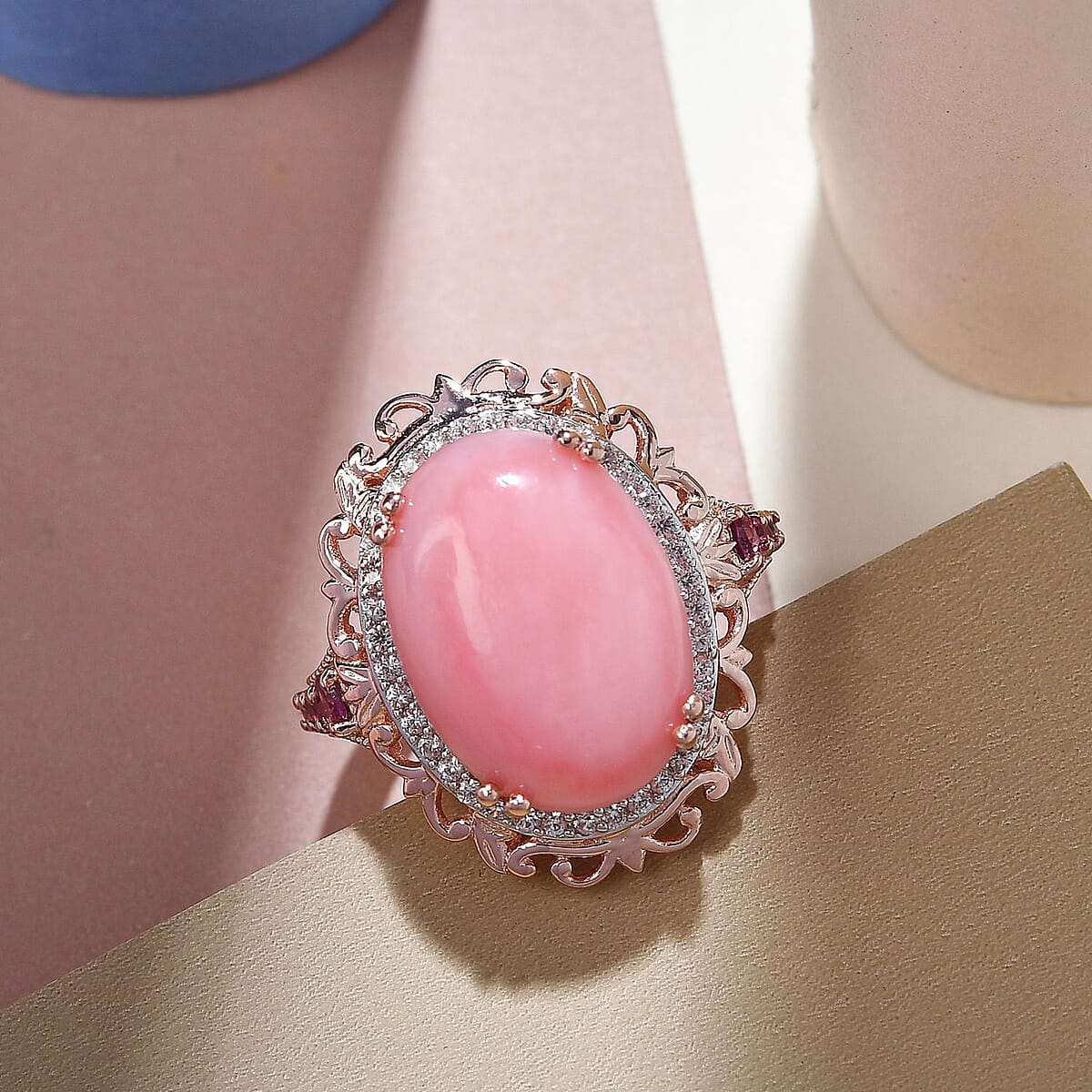 Peruvian Pink Opal and Multi Gemstone Ring in Vermeil Rose Gold Over Sterling Silver (Size 8.0) 10.85 ctw image number 1