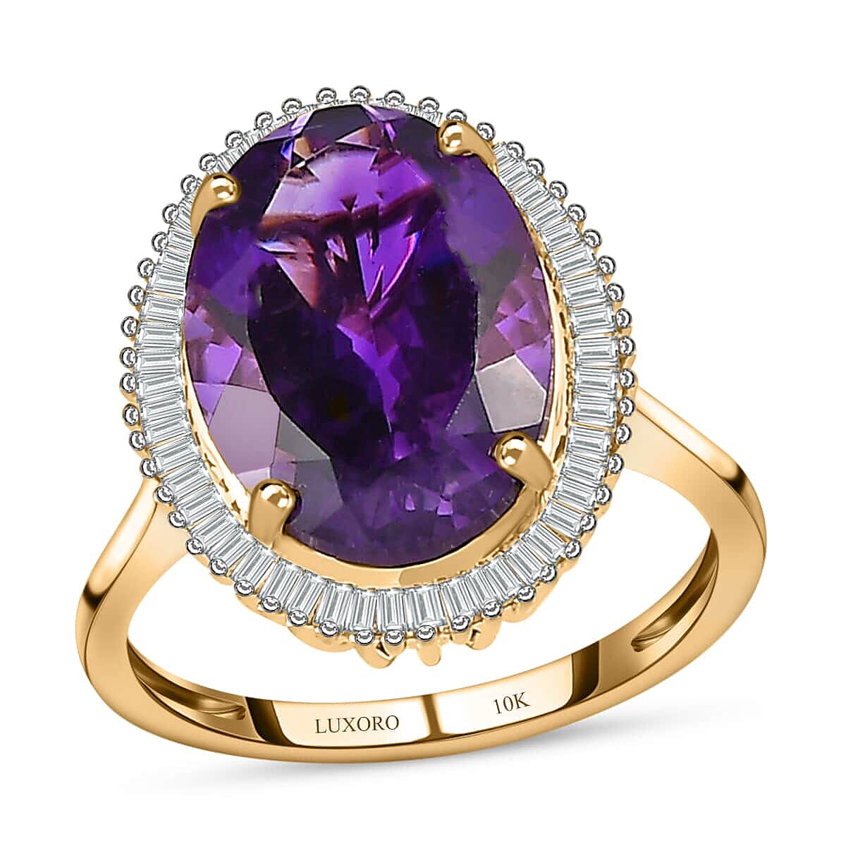 LUXORO Ct 6.2 H Color I3 10K Yellow Gold AAA Halo Diamond Amethyst Ring Size 10
