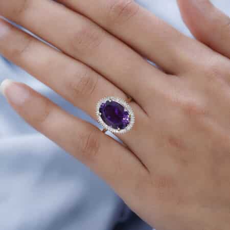Luxoro 10K Yellow Gold AAA Moroccan Amethyst and Diamond Halo Ring (Size 10.0) 6.15 ctw image number 2