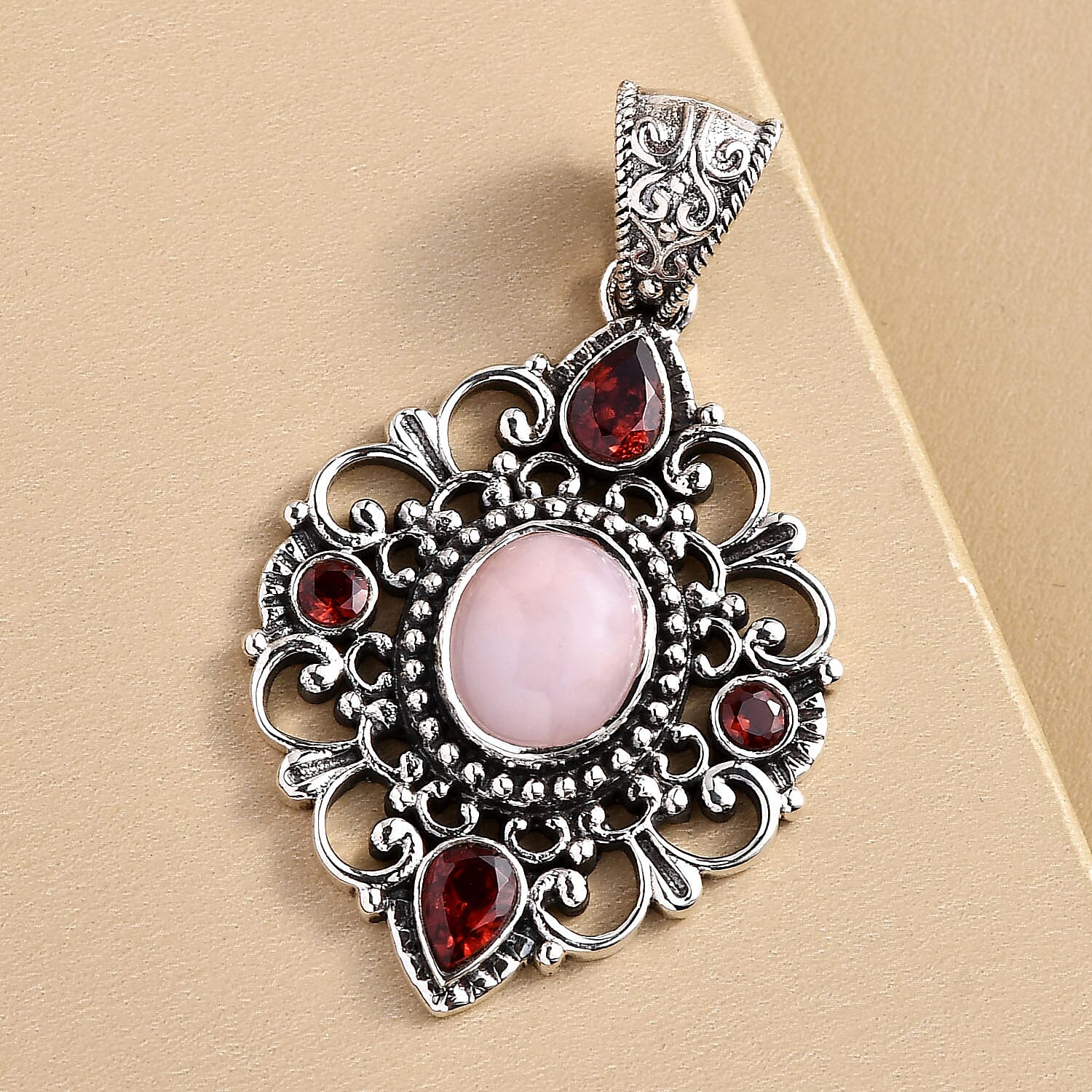 Artisan Crafted Peruvian Pink Opal and Mozambique Garnet Pendant in Sterling Silver 4.25 ctw