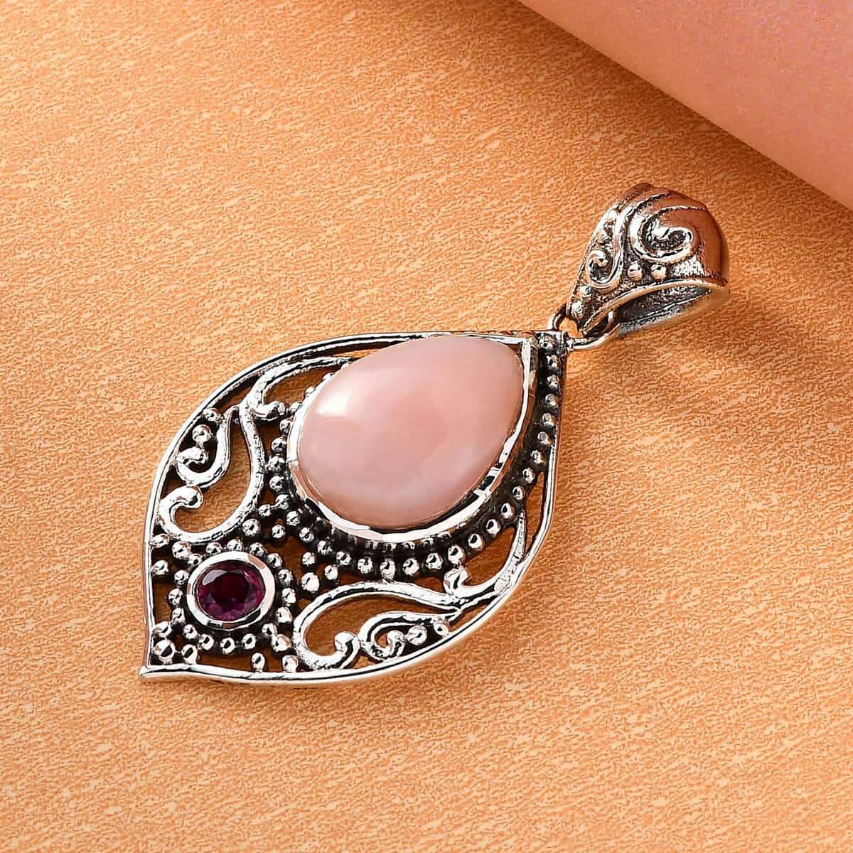 Artisan Crafted Peruvian Pink Opal and Orissa Rhodolite Garnet Pendant in Sterling Silver 4.60 ctw image number 1