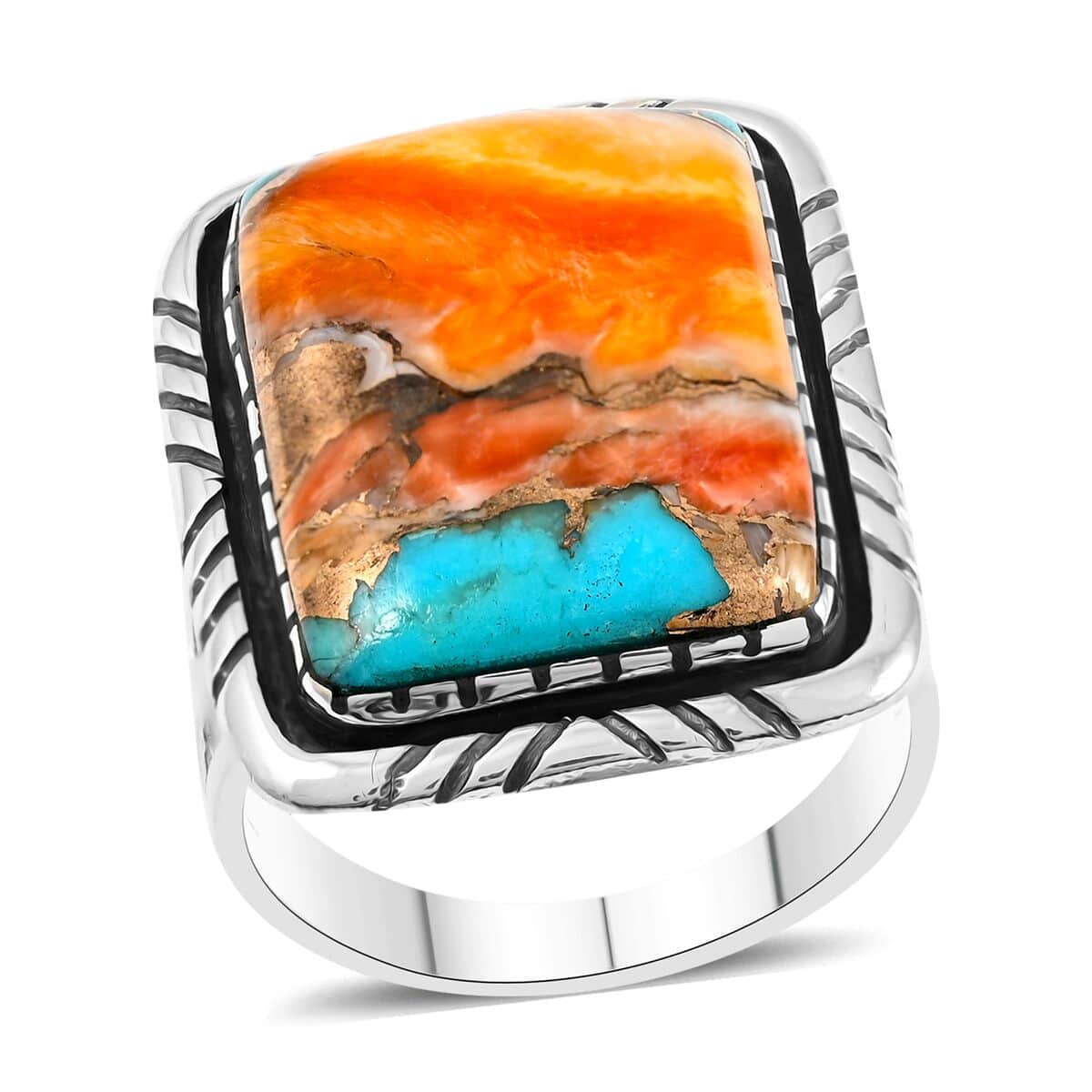 SANTA FE Style Spiny Turquoise Line Ring in Sterling Silver (Size 11.0) 77 Grams 4.50 ctw image number 0