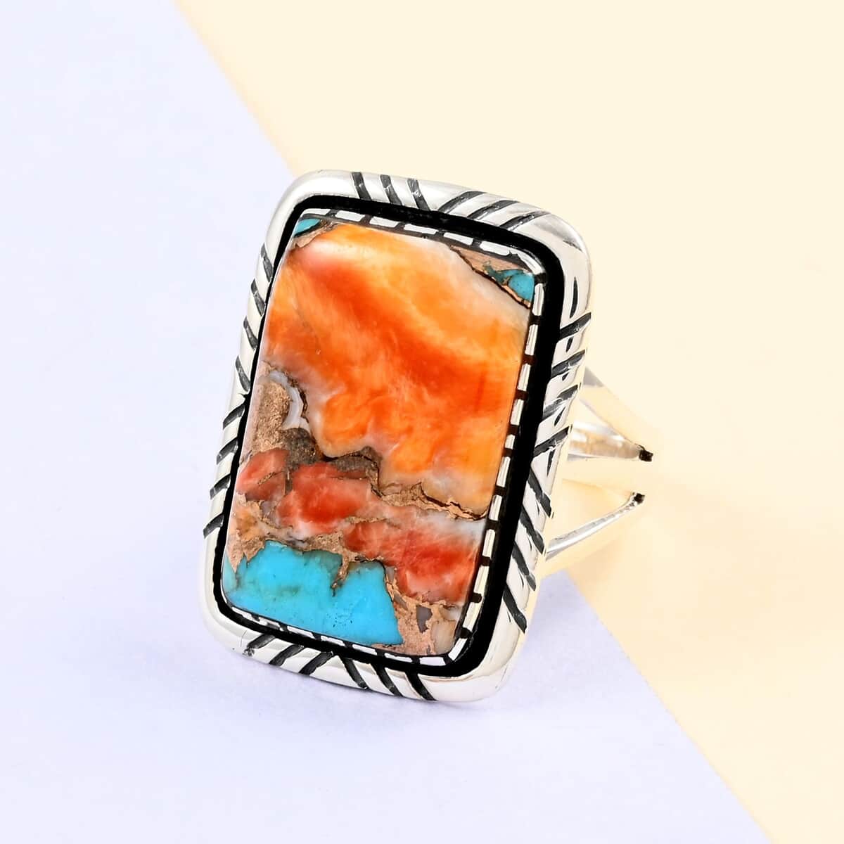 SANTA FE Style Spiny Turquoise Line Ring in Sterling Silver (Size 11.0) 77 Grams 4.50 ctw image number 1
