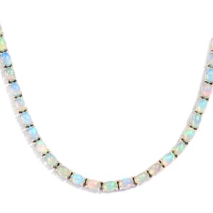 Premium Ethiopian Welo Opal and Diamond Accent Tennis Necklace 18 Inches in Platinum Over Sterling Silver 22.00 ctw