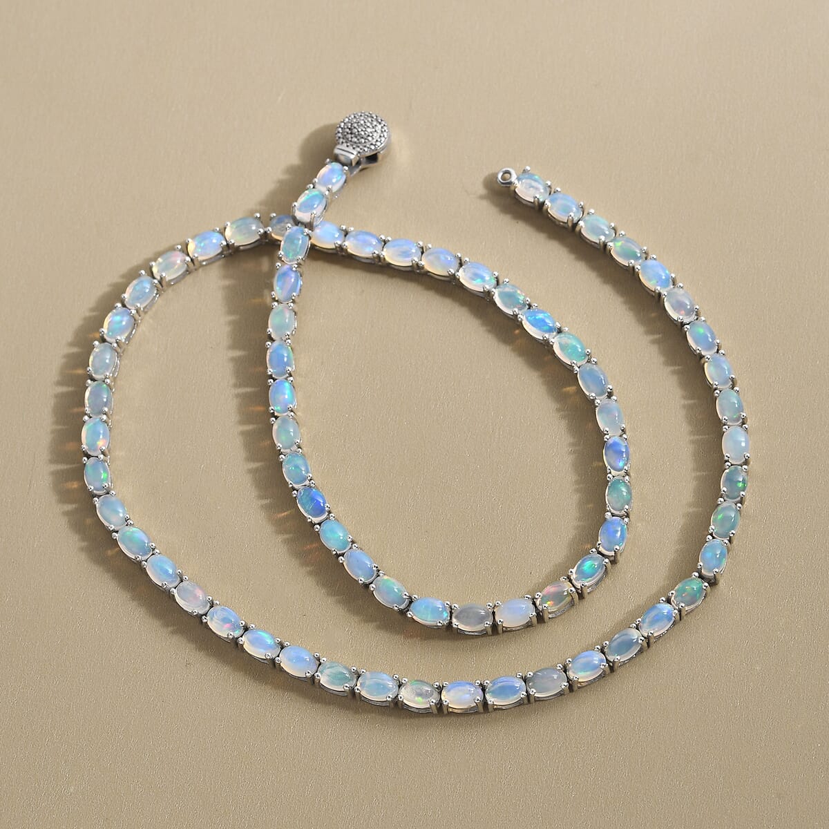 Premium Ethiopian Welo Opal and Diamond Accent Tennis Necklace 18 Inches in Platinum Over Sterling Silver 22.00 ctw image number 1