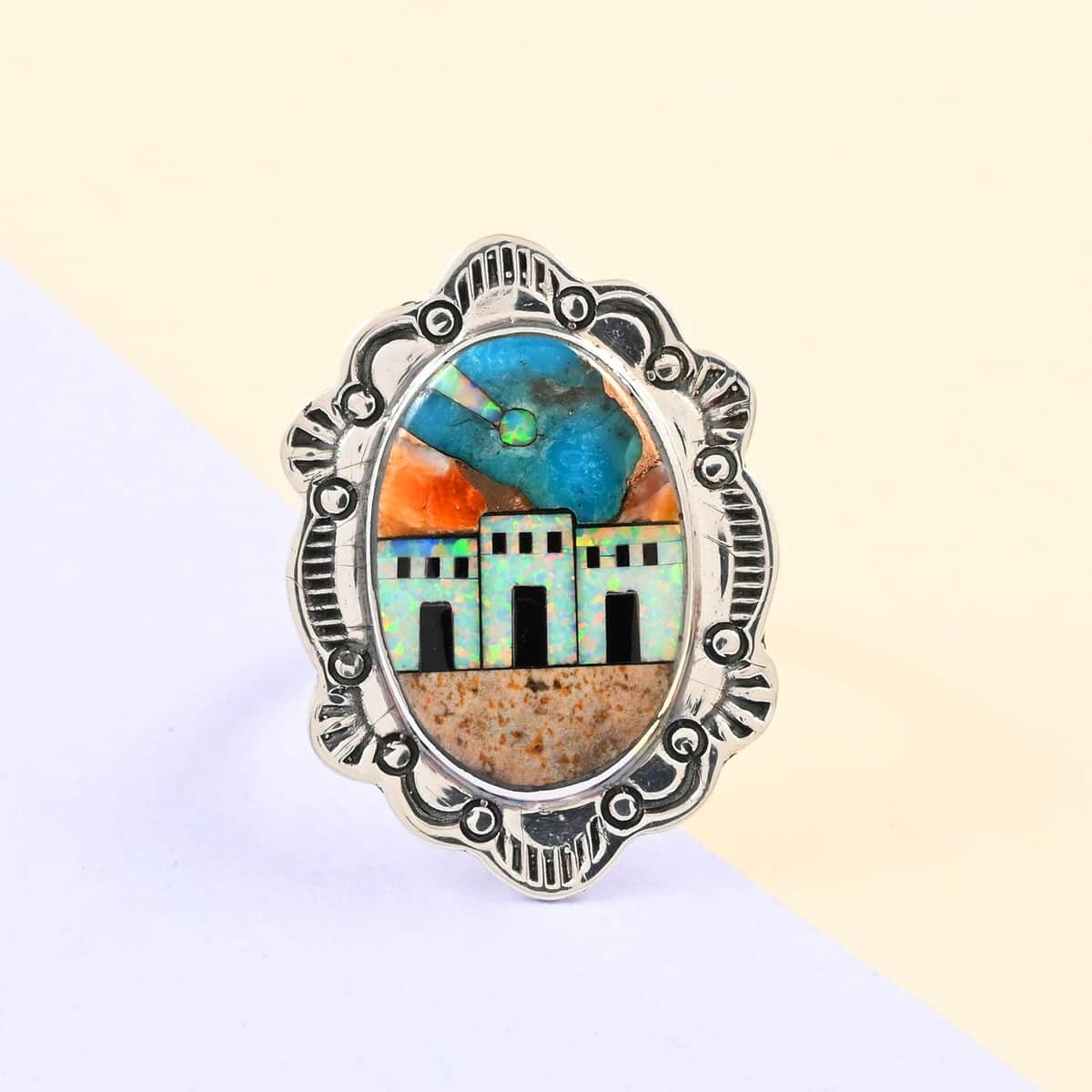SANTA FE Style Spiny Turquoise and Multi Gemstone Pueblo Homes Ring in Sterling Silver (Size 9.0) 47 Grams 1.35 ctw image number 1