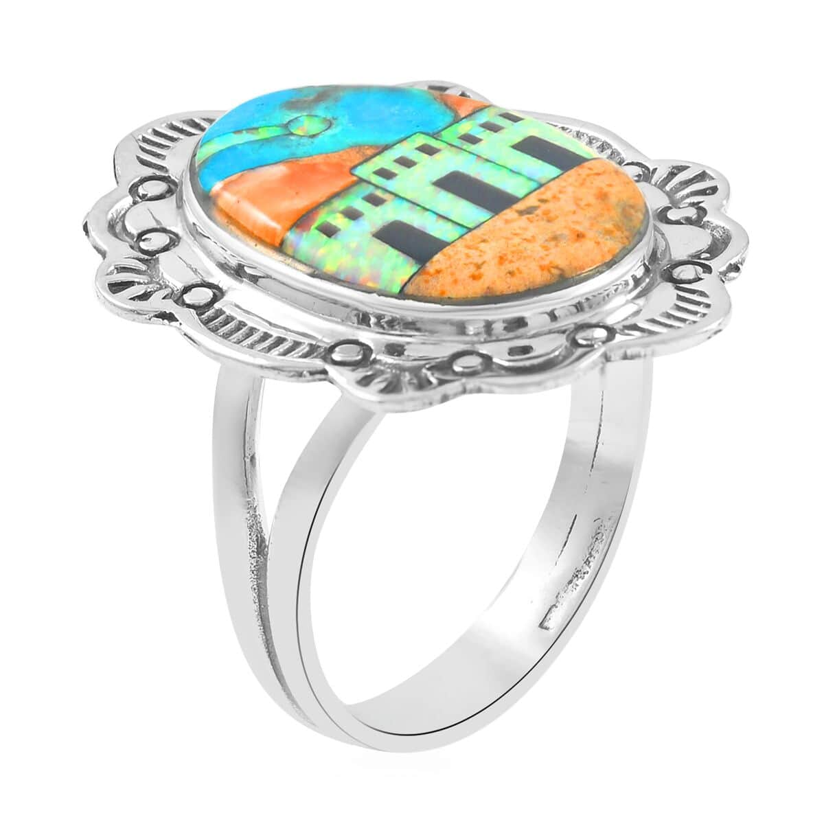 SANTA FE Style Spiny Turquoise and Multi Gemstone Pueblo Homes Ring in Sterling Silver (Size 9.0) 47 Grams 1.35 ctw image number 3