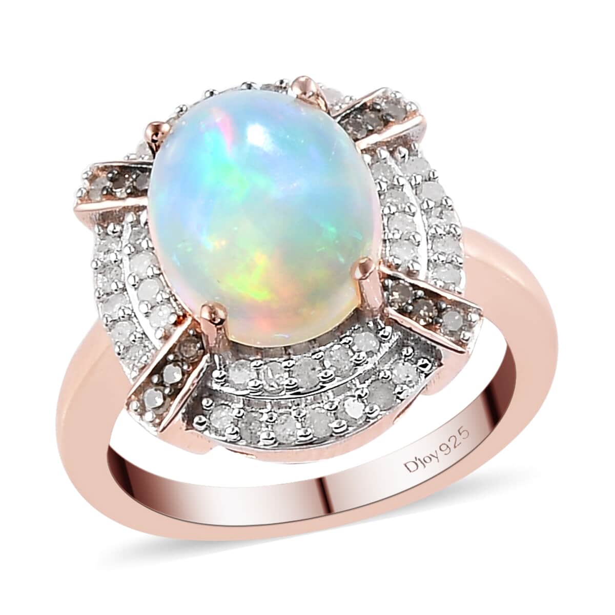 Premium Ethiopian Welo Opal, Natural Champagne and White Diamond Double Halo Ring in Vermeil Rose Gold Over Sterling Silver 2.60 ctw image number 0