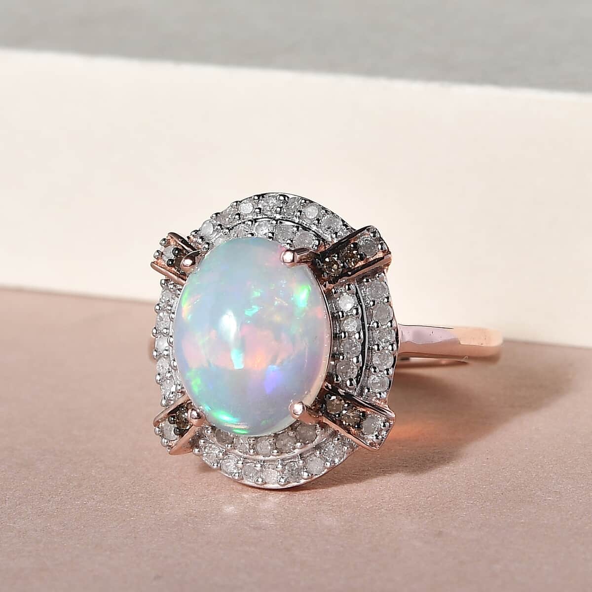 Premium Ethiopian Welo Opal, Natural Champagne and White Diamond Double Halo Ring in Vermeil Rose Gold Over Sterling Silver 2.60 ctw image number 1