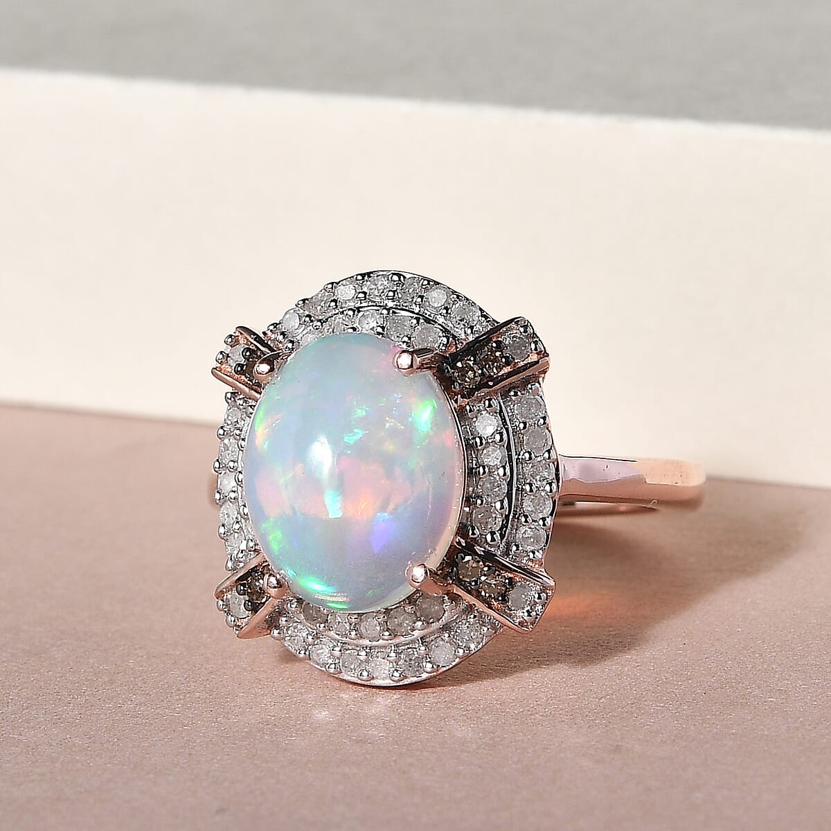 Premium Ethiopian Welo Opal, Natural Champagne and White Diamond Double Halo Ring in Vermeil Rose Gold Over Sterling Silver (Size 9.0) 2.60 ctw image number 1
