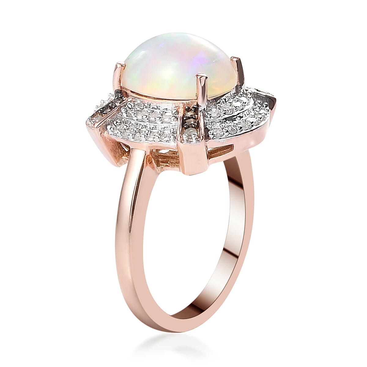 Premium Ethiopian Welo Opal, Natural Champagne and White Diamond Double Halo Ring in Vermeil Rose Gold Over Sterling Silver (Size 9.0) 2.60 ctw image number 3
