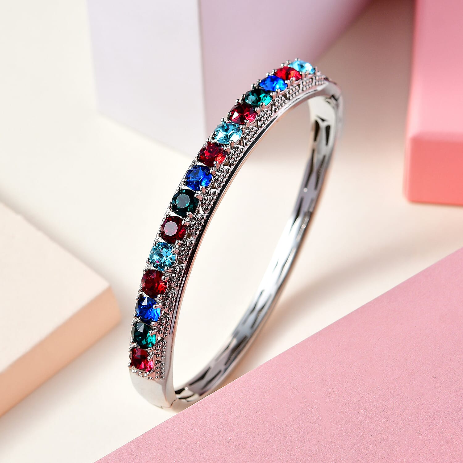 Karis Multi Color Crystal Bangle Bracelet in Platinum Bond (7.25 In)