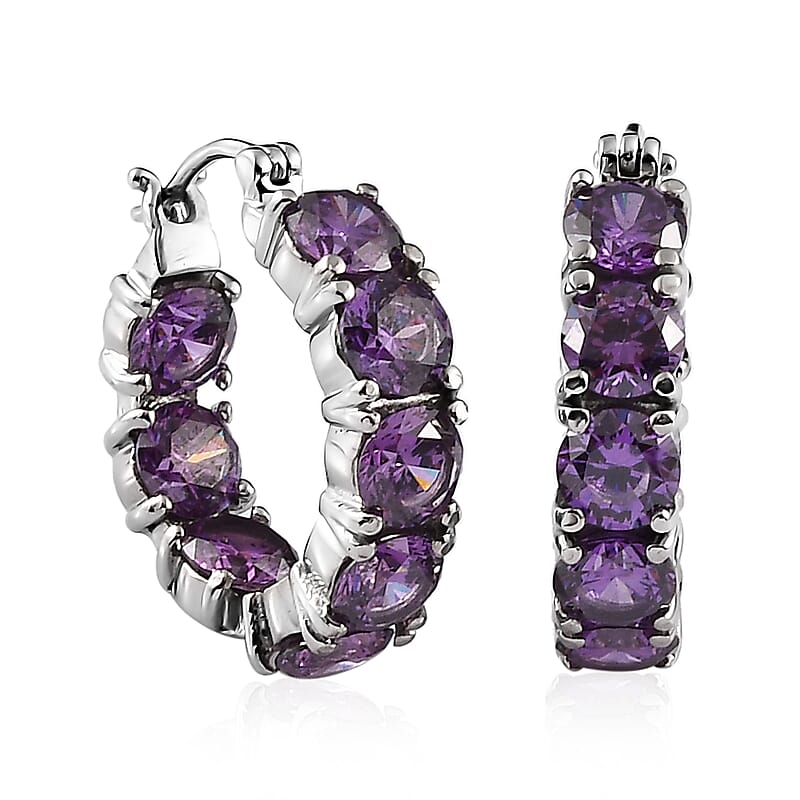 Simulated Amethyst Color Diamond Hoop Earrings in Stainless Steel 23.70 ctw | Tarnish-Free, Waterproof, Sweat Proof Jewelry