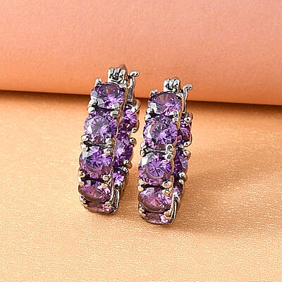 Simulated Amethyst Color Diamond Hoop Earrings in Stainless Steel 23.70 ctw | Tarnish-Free, Waterproof, Sweat Proof Jewelry