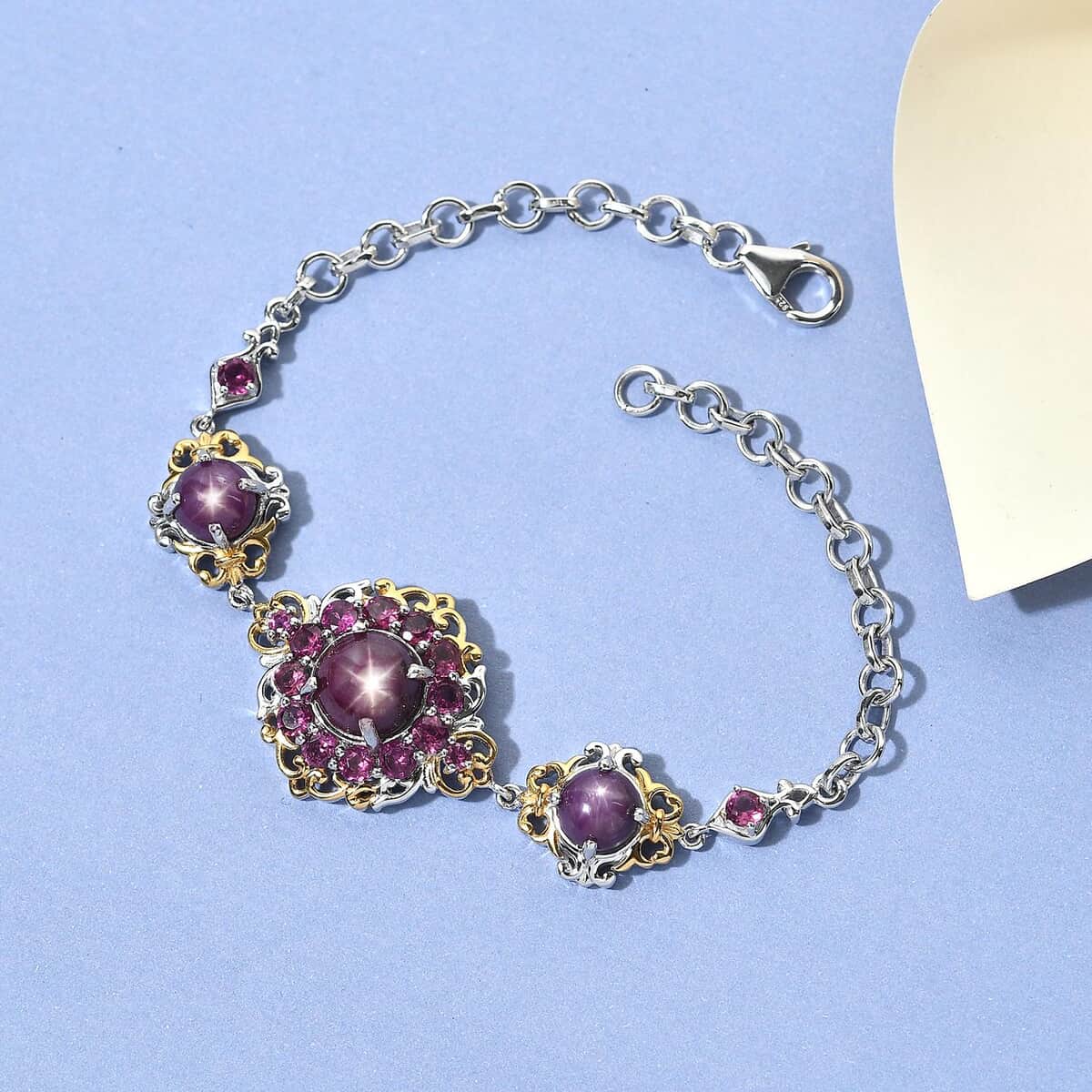 Indian Star Ruby and Orissa Rhodolite Garnet Bracelet in Vermeil Yellow Gold & Platinum Over Sterling Silver (7.25 In) 12.40 ctw image number 1