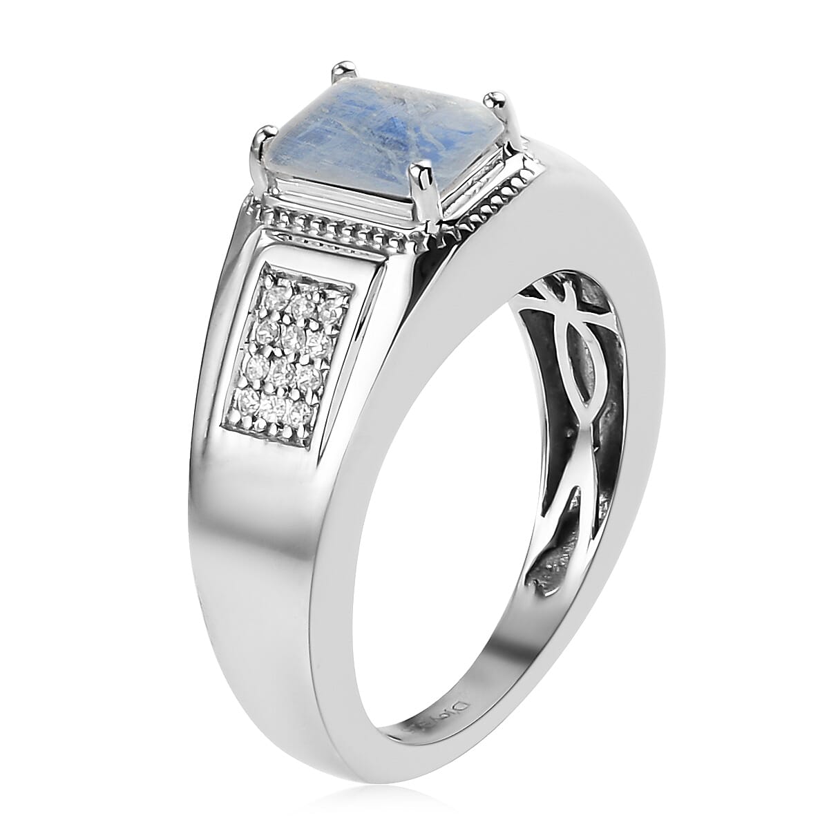 Moon Glow Moonstone and Natural White Zircon Men's Ring in Platinum Over Sterling Silver (Size 10.0) 7.30 Grams 1.85 ctw image number 3