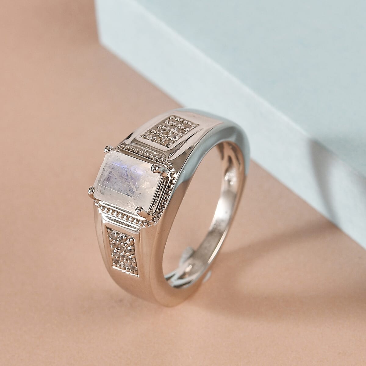 Moon Glow Moonstone and Natural White Zircon Men's Ring in Platinum Over Sterling Silver (Size 11.0) 7.30 Grams 1.85 ctw image number 1