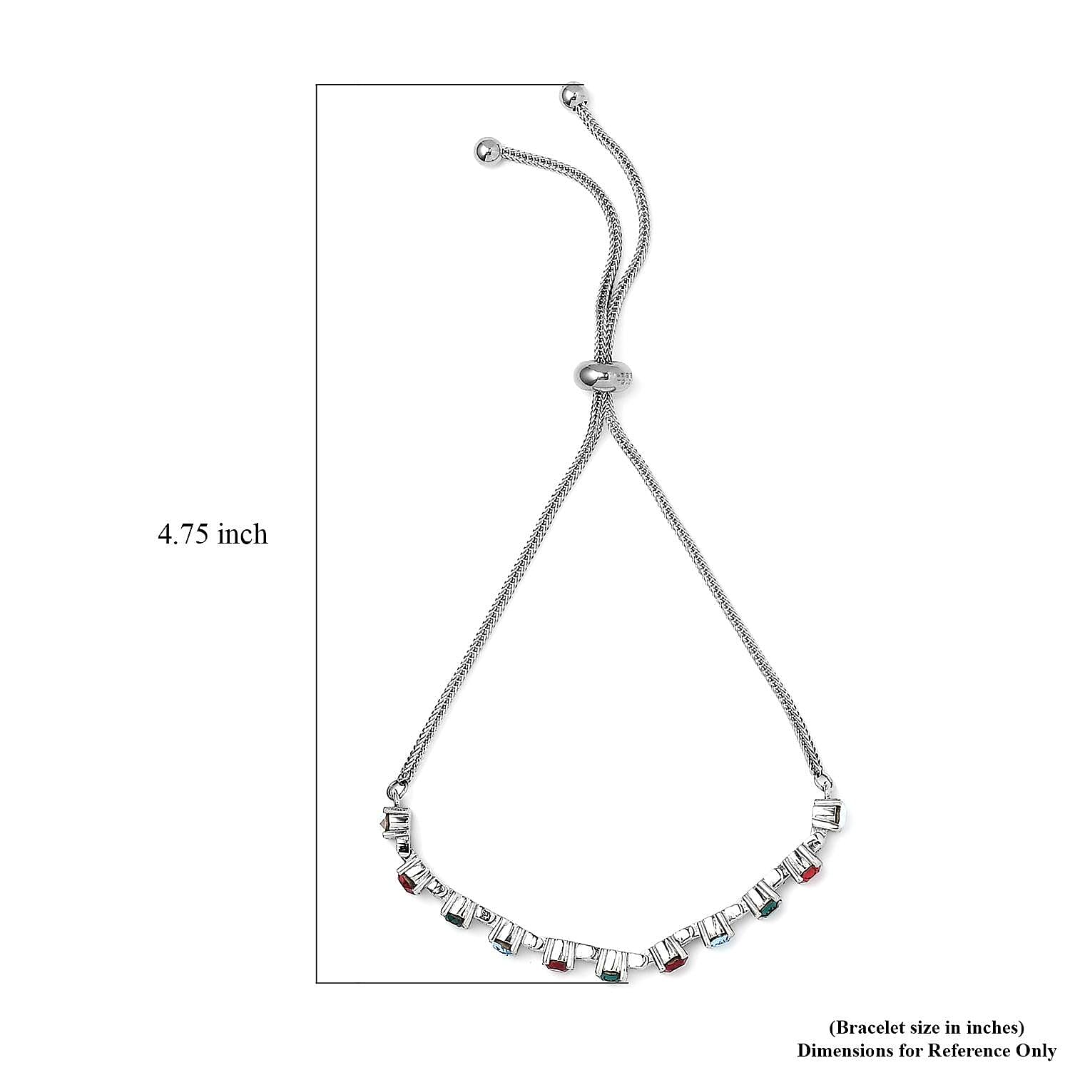 Multi Color Crystal Bolo Bracelet in Stainless Steel 2.05 ctw , Tarnish-Free, Waterproof, Sweat Proof Jewelry