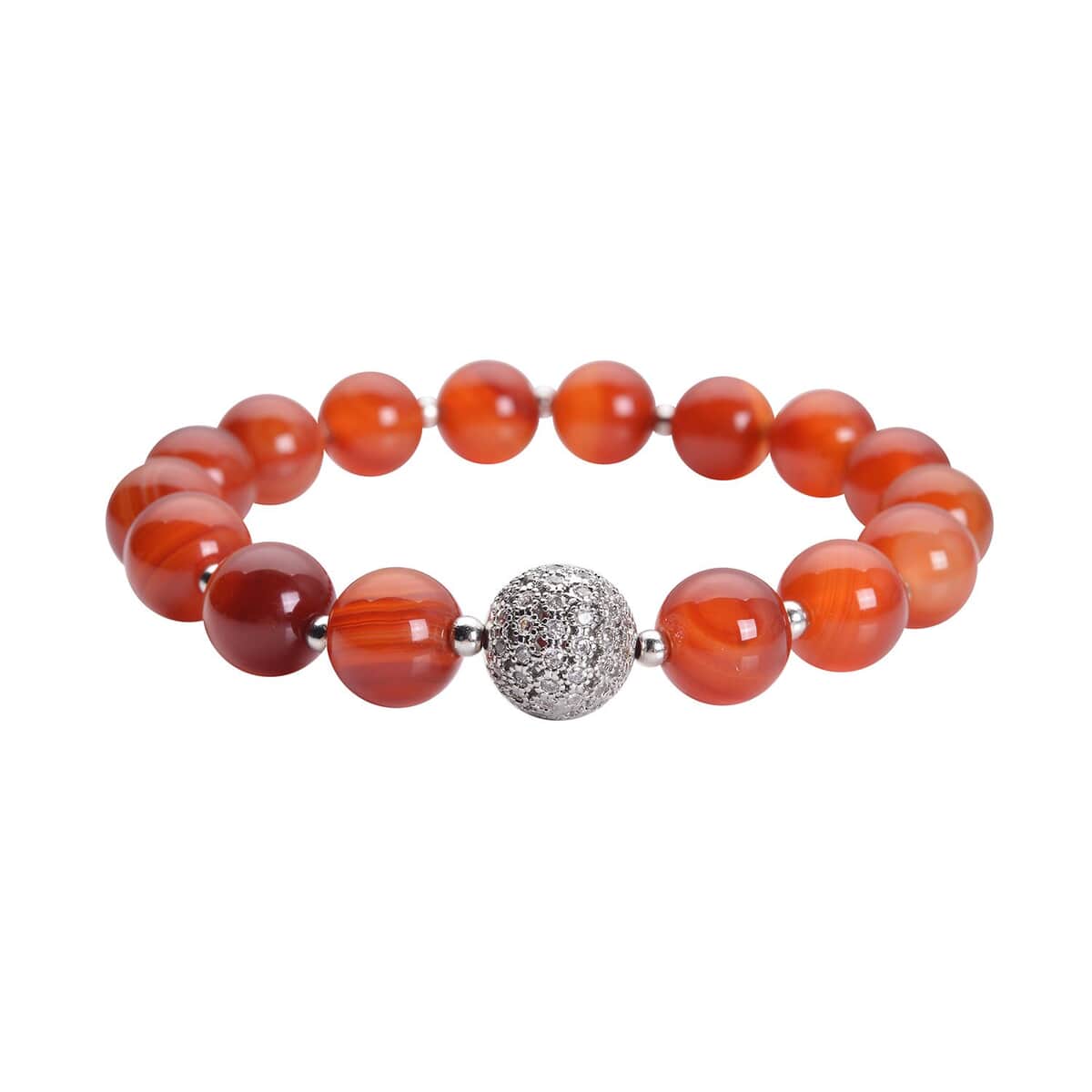 Red Agate (D) and Simulated Diamond Beaded Stretch Bracelet in Silvertone 130.30 ctw image number 0