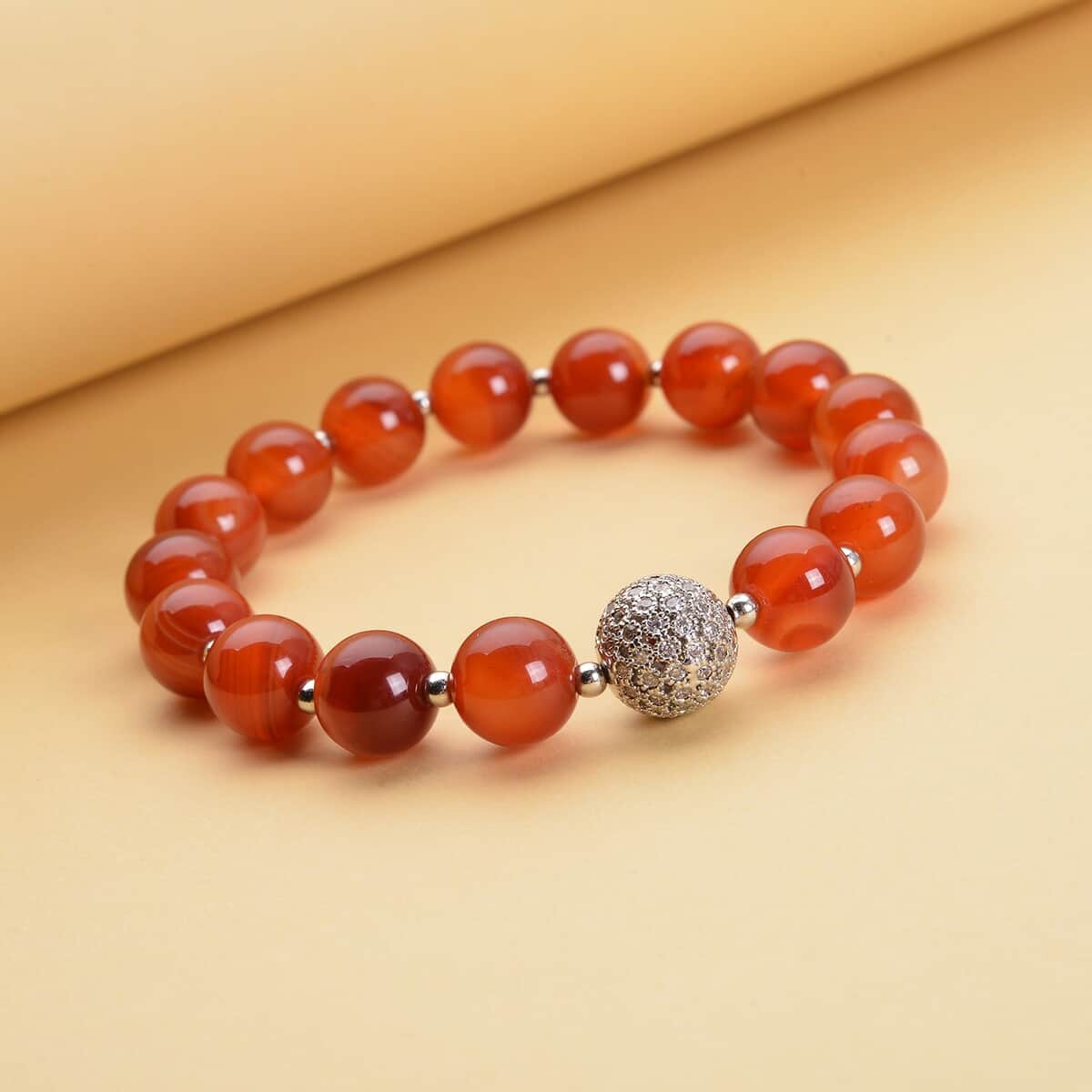 Red Agate (D) and Simulated Diamond Beaded Stretch Bracelet in Silvertone 130.30 ctw image number 1