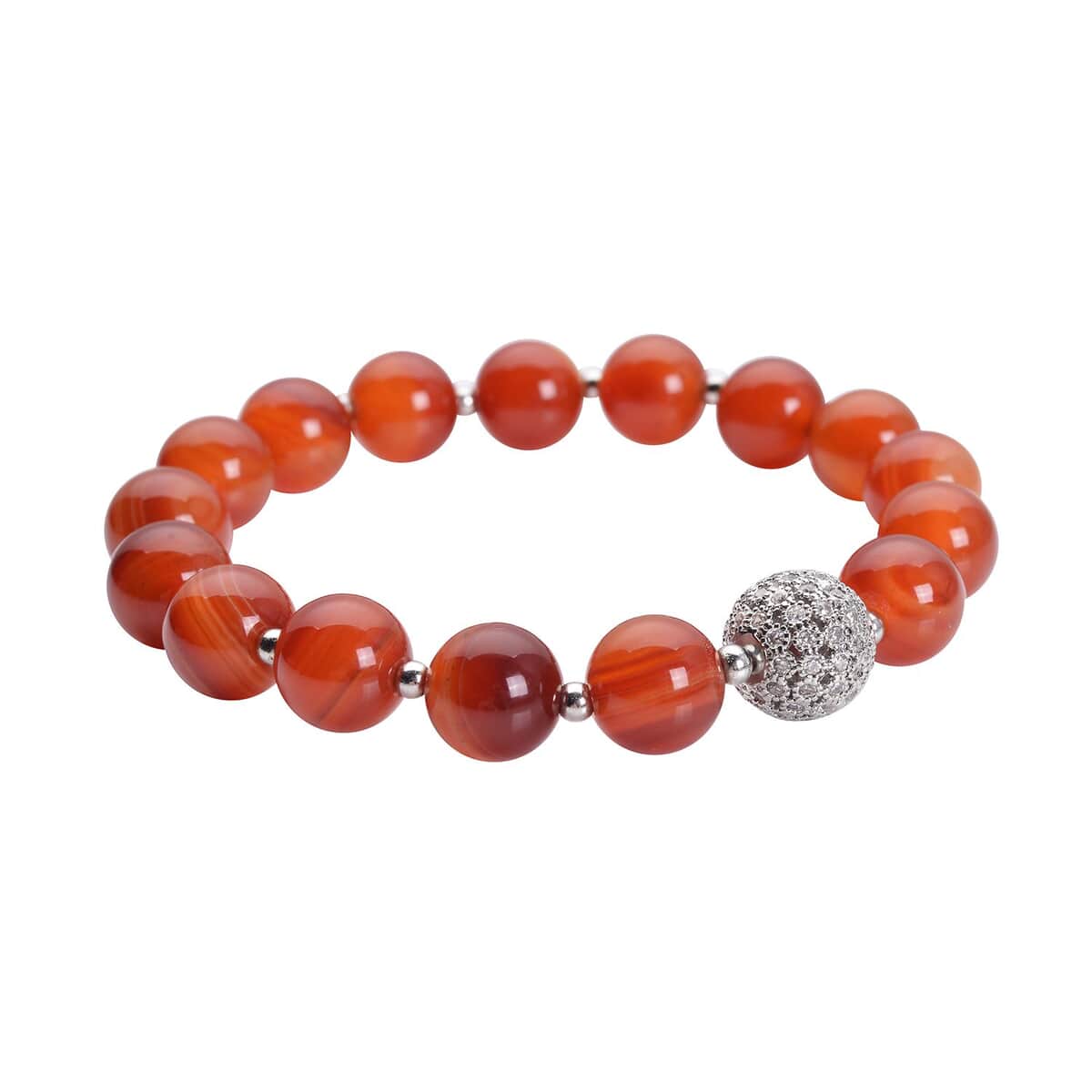 Red Agate (D) and Simulated Diamond Beaded Stretch Bracelet in Silvertone 130.30 ctw image number 2