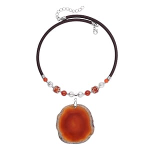 Enhanced Red Agate, Silver Plated Lava and Resin Beaded Necklace 17-19 Inches in Cord and Silvertone 202.50 ctw