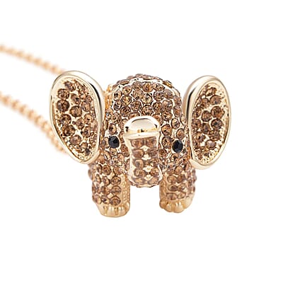 Champagne and Black Austrian Crystal Elephant Pendant Necklace in Goldtone 24 Inches