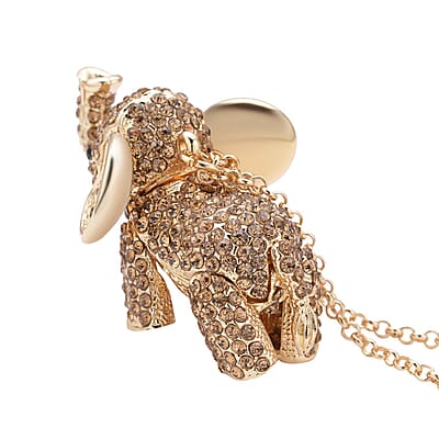 Champagne and Black Austrian Crystal Elephant Pendant Necklace in Goldtone 24 Inches