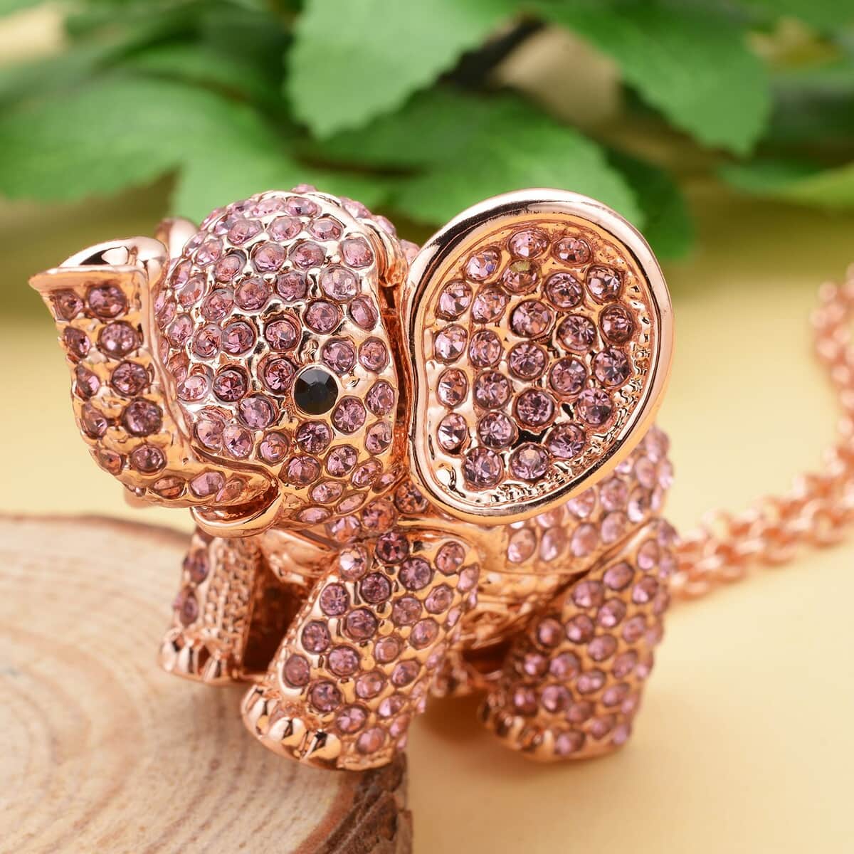 Pink and Black Austrian Crystal Elephant Pendant Necklace in Rosetone 24 Inches image number 1