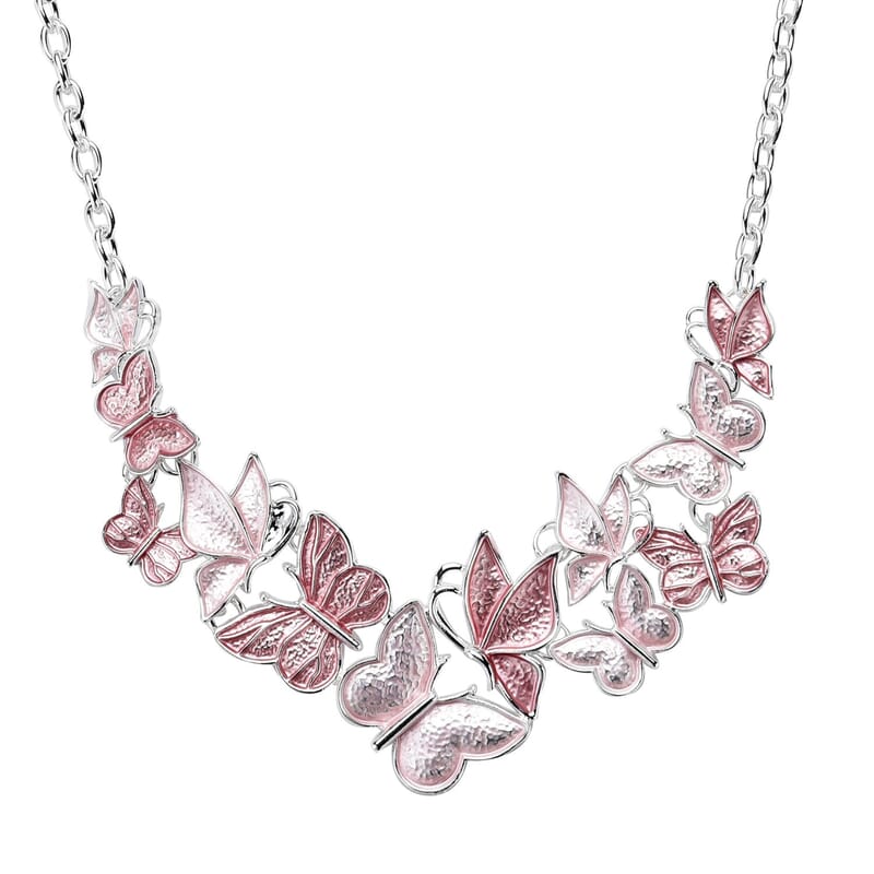 Pink Enameled Butterfly Necklace 20.5-22.5 Inches in Silvertone