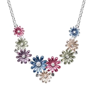 White Austrian Crystal and Multi Color Enameled Floral Necklace in Silvertone 20.5-22.5 Inches