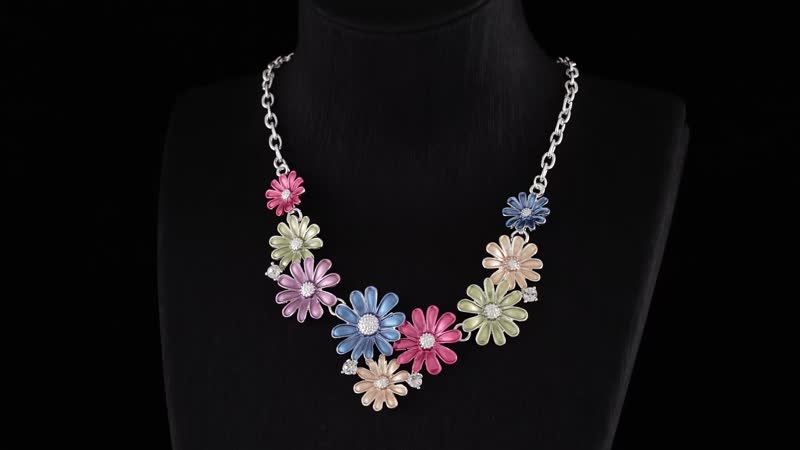 White Austrian Crystal and Multi Color Enameled Floral Necklace in Silvertone 20.5-22.5 Inches
