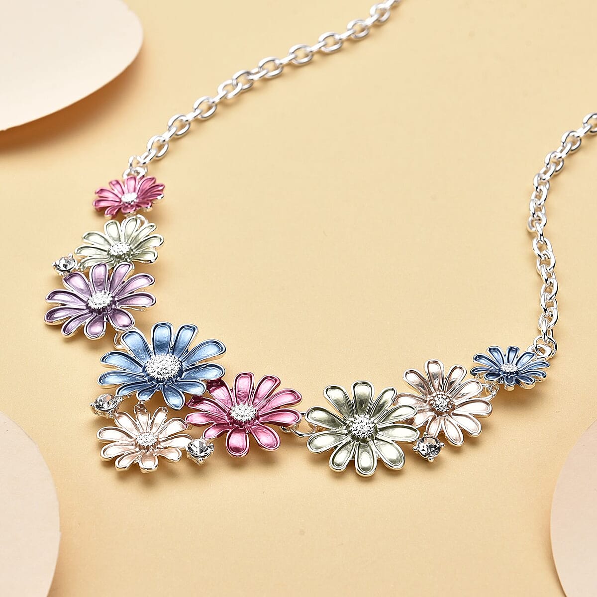 White Austrian Crystal and Multi Color Enameled Floral Necklace in Silvertone 20.5-22.5 Inches image number 1