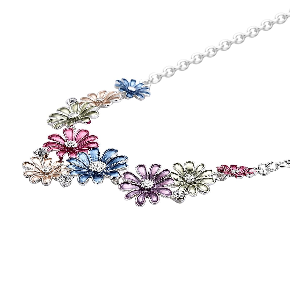 White Austrian Crystal and Multi Color Enameled Floral Necklace in Silvertone 20.5-22.5 Inches image number 2