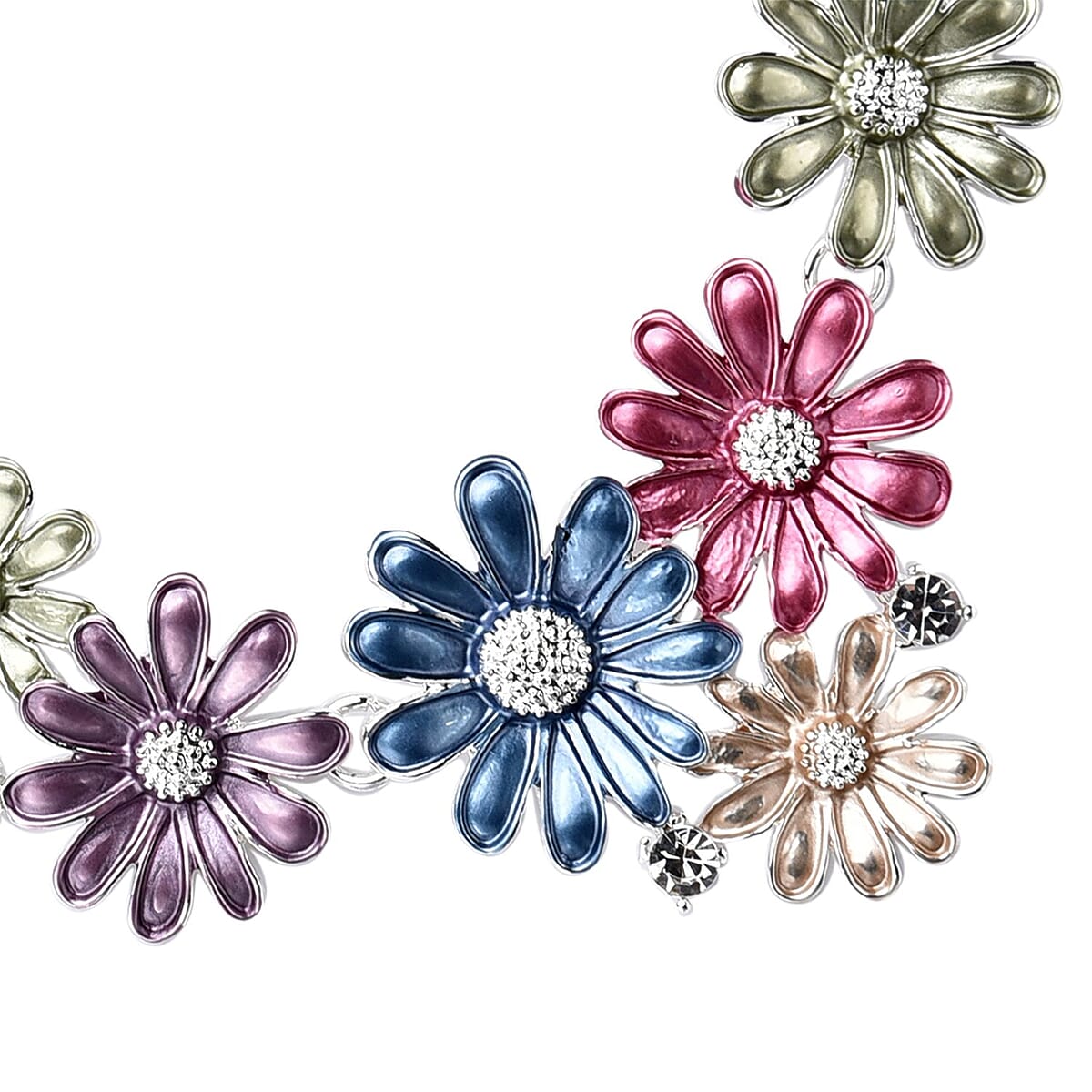 White Austrian Crystal and Multi Color Enameled Floral Necklace in Silvertone 20.5-22.5 Inches image number 3