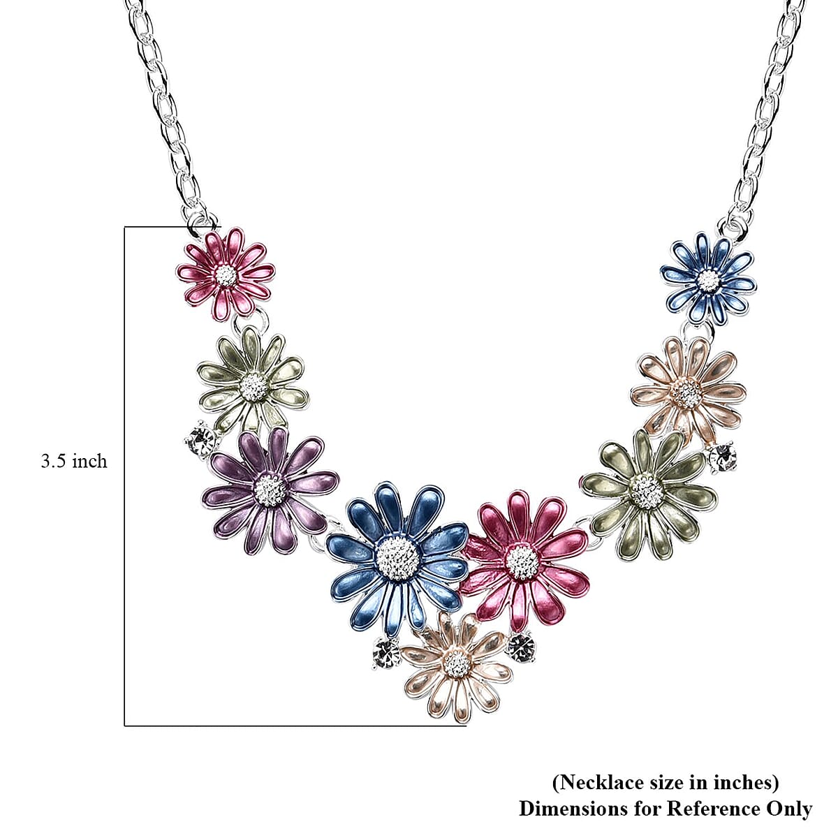White Austrian Crystal and Multi Color Enameled Floral Necklace in Silvertone 20.5-22.5 Inches image number 4