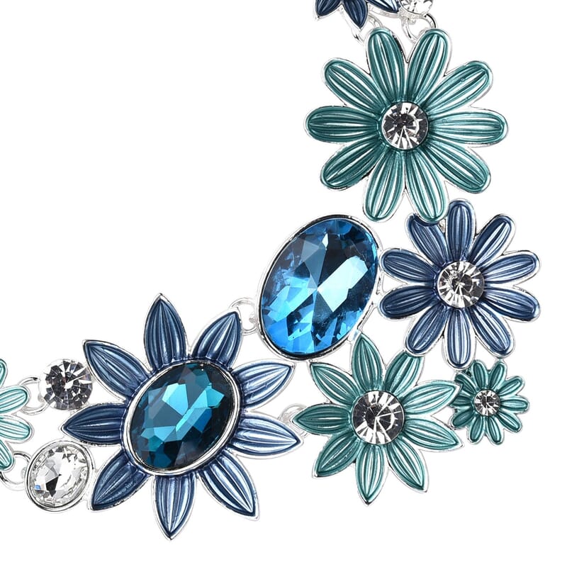 Simulated Blue Topaz, Austrian Crystal, Enameled Floral Necklace 20.5-22.5 Inches in Silvertone