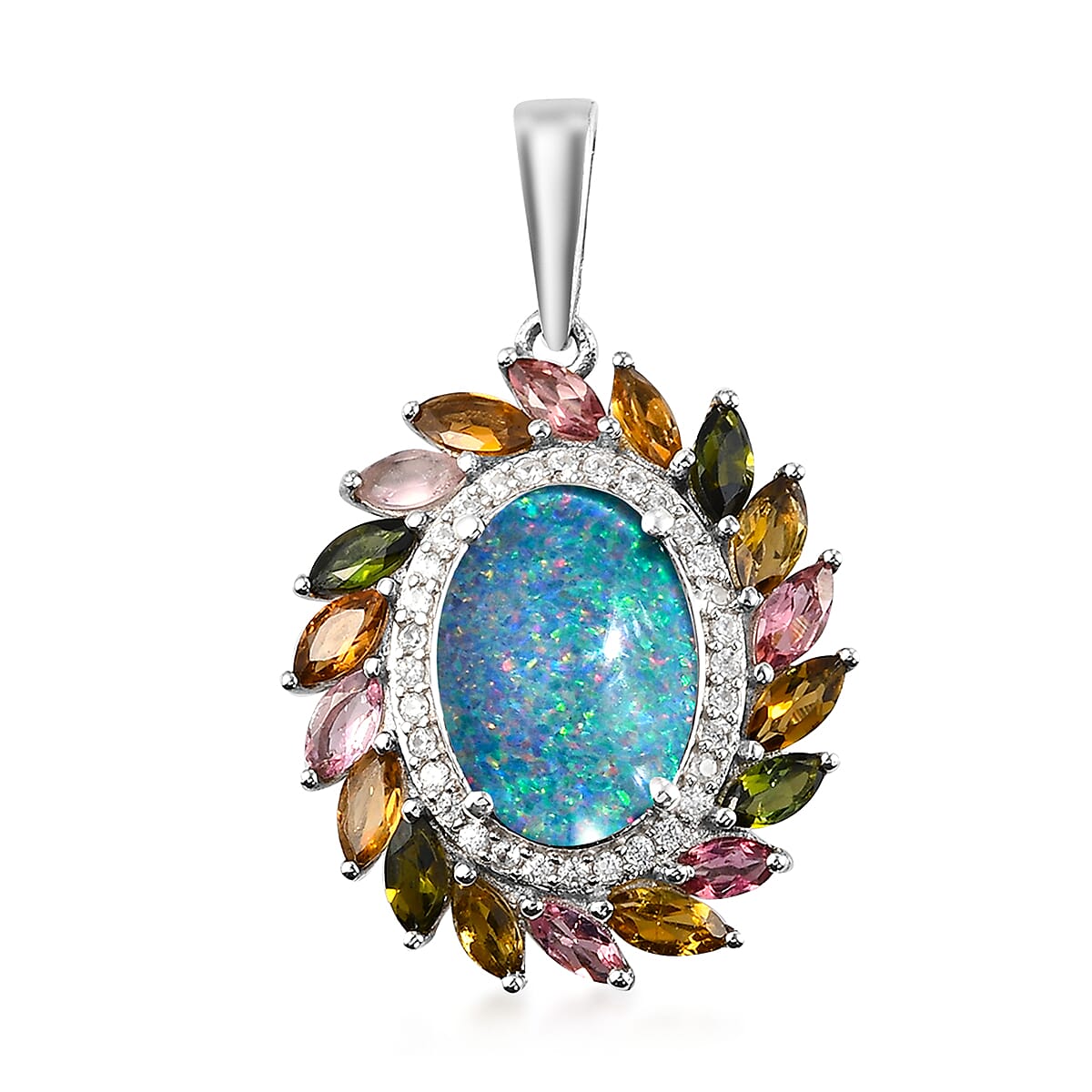 Boulder Opal Triplet, Multi-Tourmaline and Natural White Zircon Cocktail Pendant in Platinum Over Sterling Silver 6.35 ctw