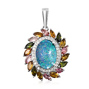 Boulder Opal Triplet, Multi-Tourmaline and Natural White Zircon Cocktail Pendant in Platinum Over Sterling Silver 6.35 ctw