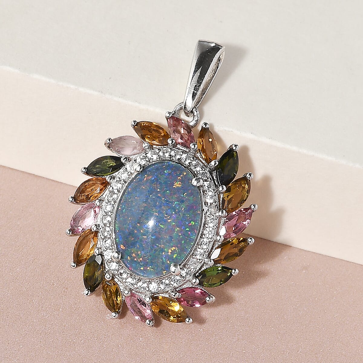 Boulder Opal Triplet, Multi-Tourmaline and Natural White Zircon Cocktail Pendant in Platinum Over Sterling Silver 6.35 ctw image number 1