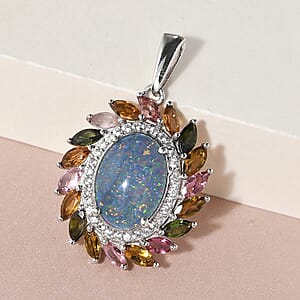 Boulder Opal Triplet, Multi-Tourmaline and Natural White Zircon Cocktail Pendant in Platinum Over Sterling Silver 6.35 ctw