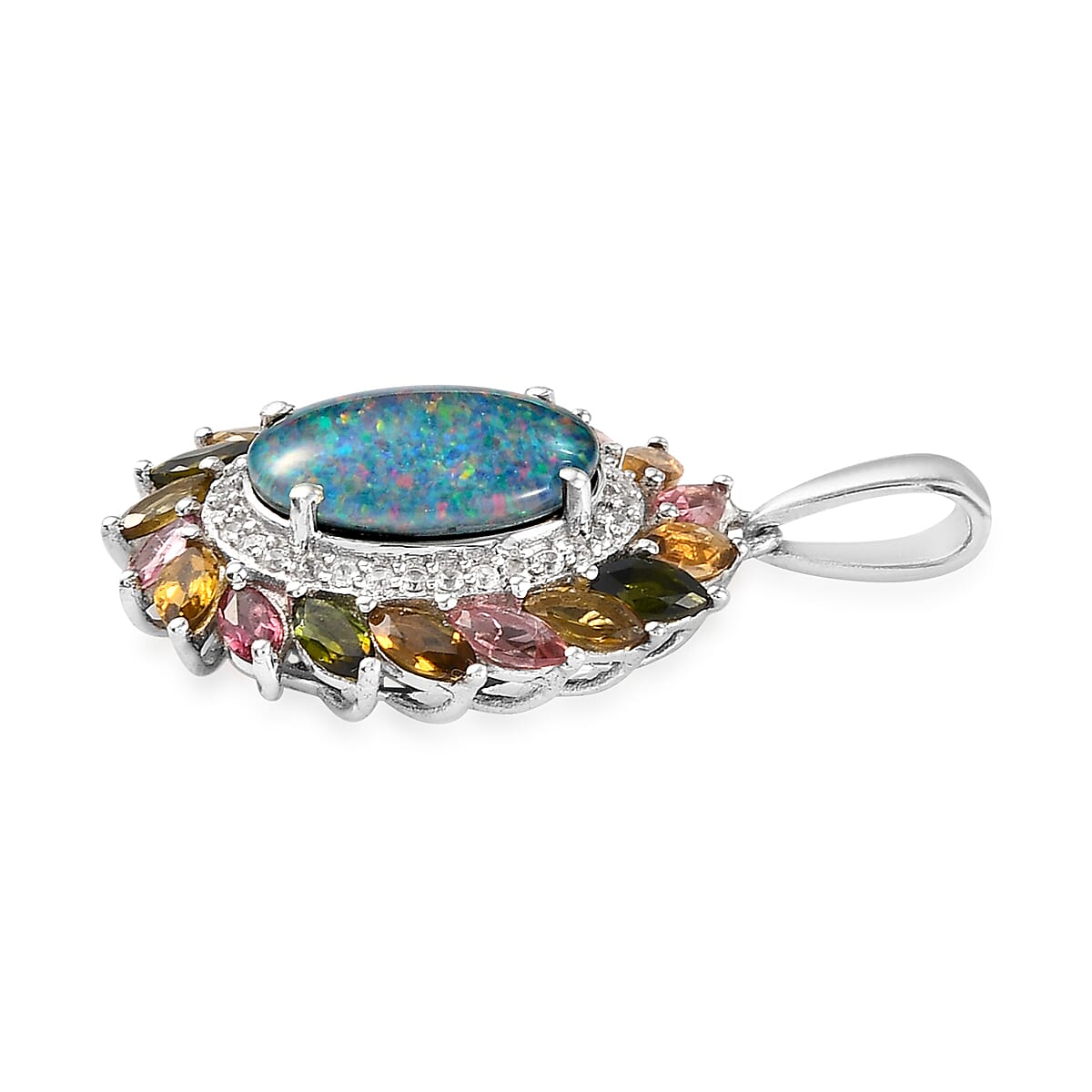 Boulder Opal Triplet, Multi-Tourmaline and Natural White Zircon Cocktail Pendant in Platinum Over Sterling Silver 6.35 ctw image number 2